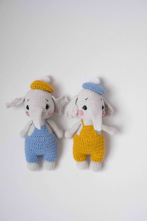 Dwa słoniki Bimbo i Lulu robione na szydełku Sirka handmade