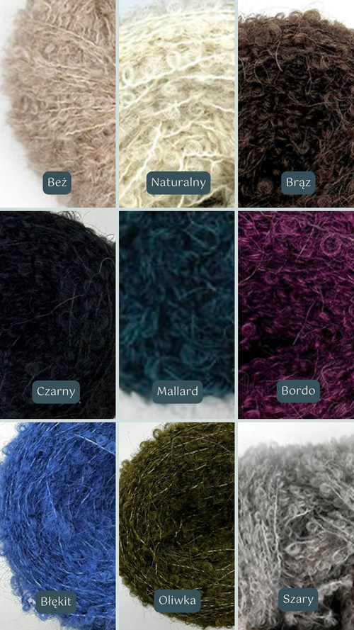 Paleta odcieni swetrów Sirka handmade beż, naturalny, brąz, czarny, mallard, bordo, błękit, oliwka, szary