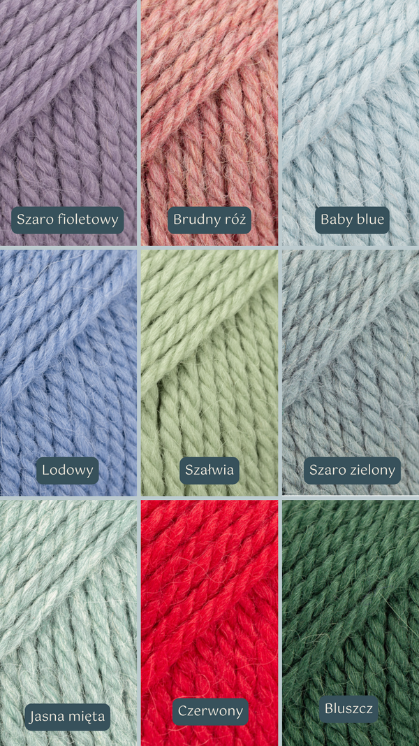 Paleta odcieni swetrów Sirka handmade szaro-fioletowy, brudny róż, baby blue, lodowy, szałwia, szaro-zielony, jasna mięta, czerwony, bluszcz