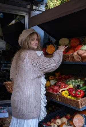 Sweter Eulalia, falbany, super kid moher, jedwab