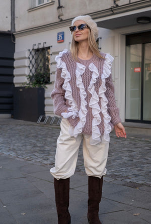 Sweter Eulalia, falbany, super kid moher, jedwab