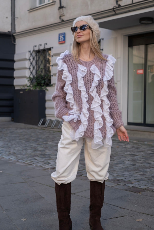 Sweter Eulalia, falbany, super kid moher, jedwab