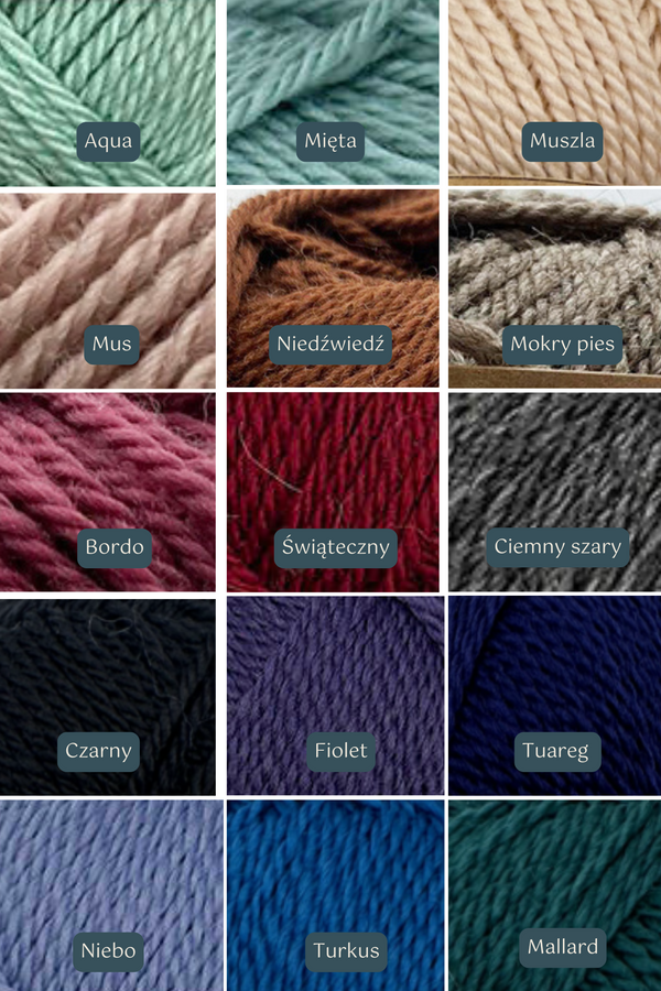 Paleta ocieni Sirka handmade aqua, mięta, muszla, mus, niedźwiedź, mokry pies, bordo, świąteczny, ciemny szary, czarny, fiolet, tuareg, niebo, turkus, mallard
