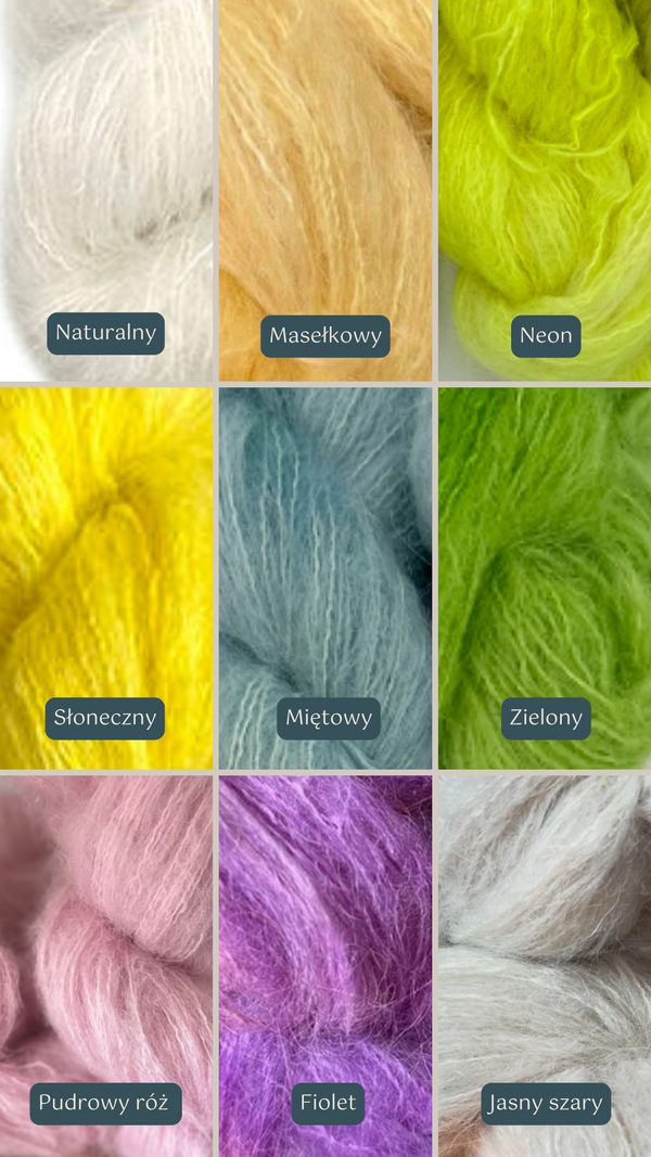 Paleta odcieni swetrów Sirka handmade naturalny, masełkowy, neon, słoneczny, miętowy, zielony, pudrowy róż, fiolet, jasny szary