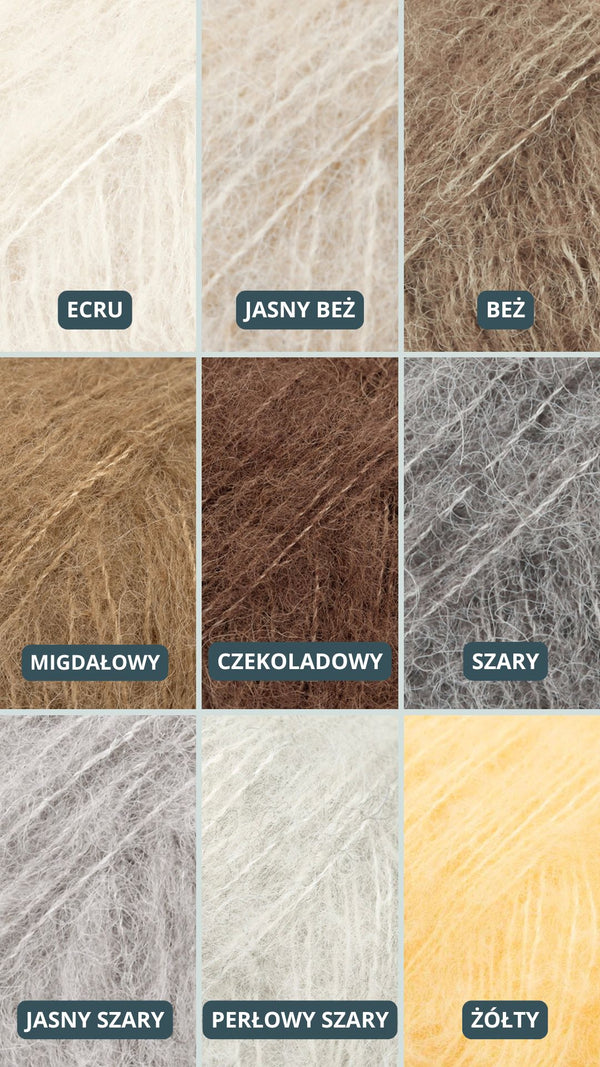 Paleta odcieni swetrów Sirka handmade ecru, jasny beż, beż, migdałowy, czekoladowy, szary, jasny szary, perłowy szary, żółty