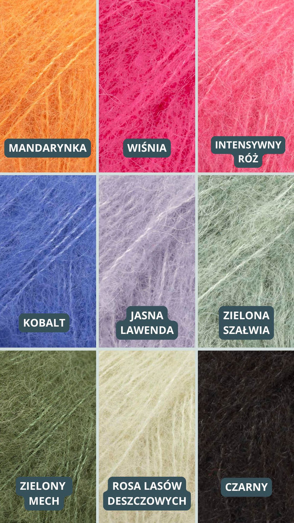 Paleta odcieni swetrów Sirka handmade mandarynka, wiśnia, intensywny róż kobalt, jasna lawenda, zielona szałwia, zielony mech, rosa lasów deszczowych, czarny