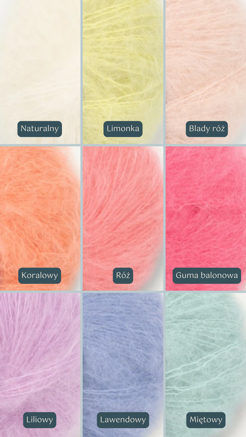 Paleta odcieni swetrów Sirka handmade naturalny, limonka, blady róż, koralowy, róż, guma balonowa, liliowy, lawendowy, miętowy