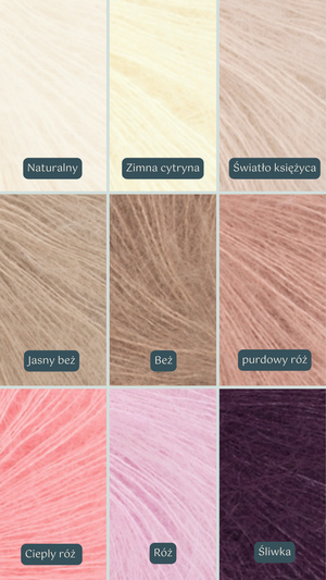 Paleta odcieni swetrów Sirka handmade naturalny, zimna cytryna, światło księżyca, jasny beż, beż, pudrowy róż, ciepły róż, róż, śliwka