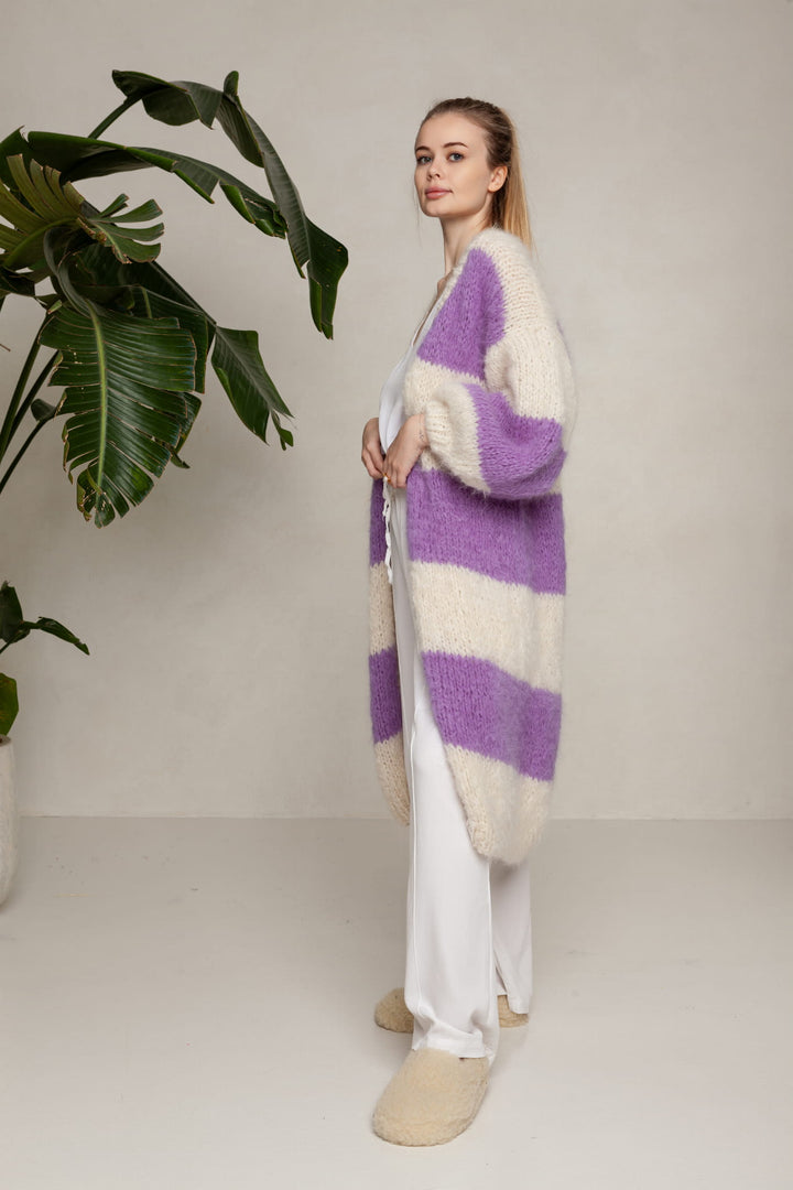 Kardigan Milka, długi z alpaki suri z merynosem, handmade