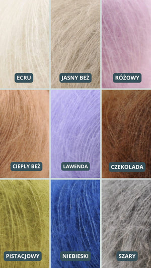 Paleta odcieni swetrow Sirka handmade ecru, jasny beż, różowy, ciepły beż, lawenda, czekolada, pistacjowy, niebieski, szary
