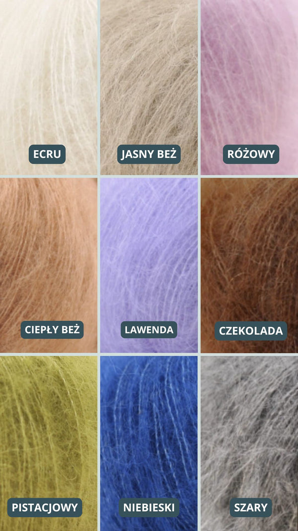 Paleta odcieni swetrow Sirka handmade ecru, jasny beż, różowy, ciepły beż, lawenda, czekolada, pistacjowy, niebieski, szary