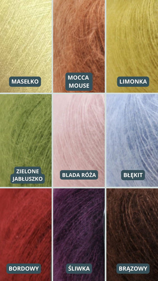 Paleta odcieni swetrów Sirka handmade masełko, mocca mouse, limonka, zielone jabłuszko, blada róża, błękit, bordowy, śliwka, brązowy