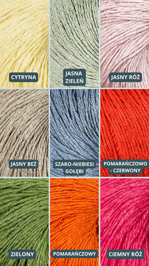 Paleta odcieni Sirka handmade cytryna, jasna zieleń, jasny róż, jasny beż, szaro-niebieski gołębi, pomarańczowo-czerwony, zielony, pomarańczowy, ciemny róż