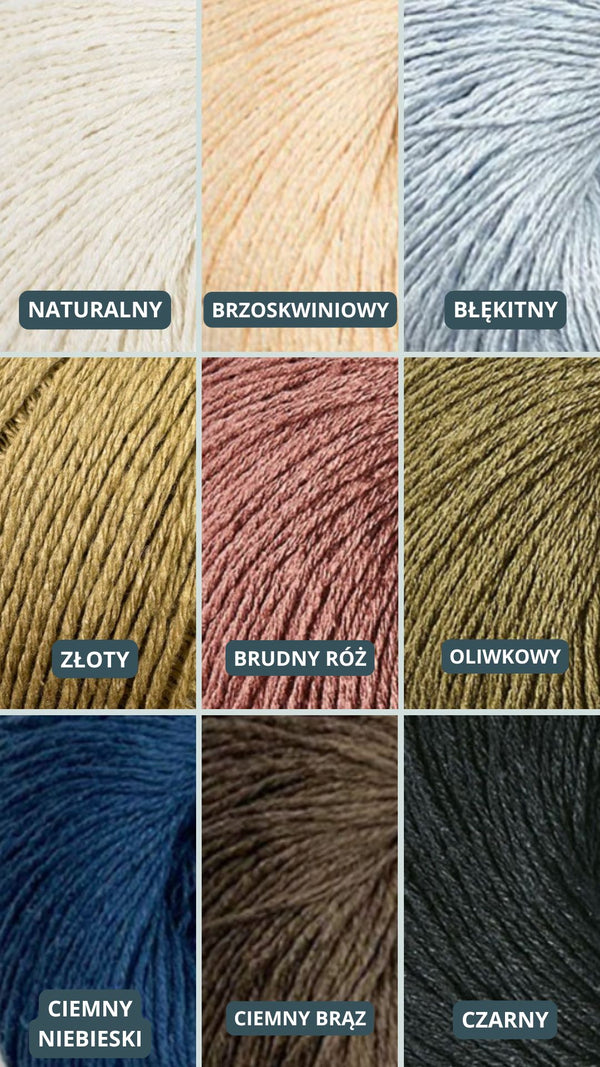 Paleta odcieni Sirka handmade naturalny, brzoskwiniowy, błękitny, złoty, brudny róż, oliwkowy, ciemny niebieski, ciemny brąz, czarny