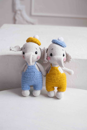 Dwa słoniki Bimbo i Lulu robione na szydełku Sirka handmade
