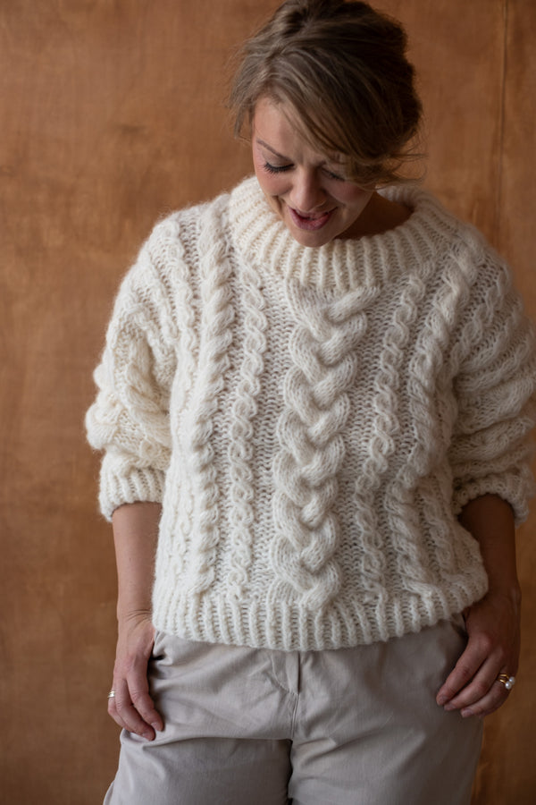 Sweter Zuzanna, warkocz, handmade, alpaka, merino, jedwab