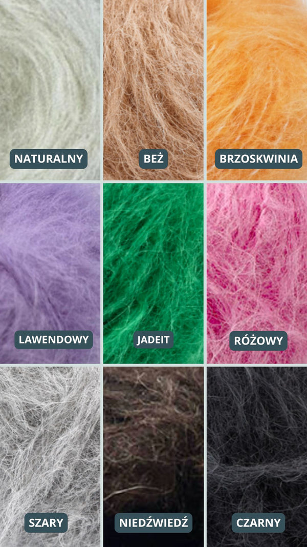 Paleta odcieni swetrów Sirka handmade naturalny, beż, brzoskwinia, lawendowy, jadeit, różowy, szary, niedźwiedź, czarny