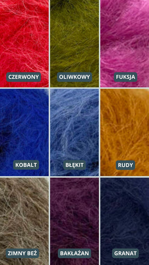 Paleta odcieni swetrów Sirka handmade czerwony, oliwkowy, fuksja, kobalt, błękit, rudy, zimny beż, bakłażan, granat