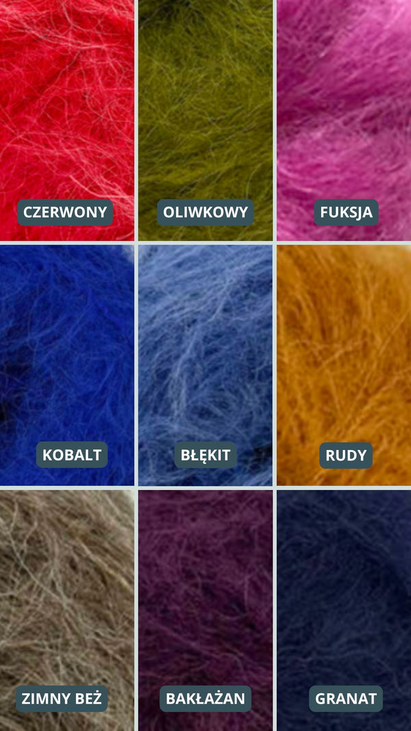 Paleta odcieni swetrów Sirka handmade czerwony, oliwkowy, fuksja, kobalt, błękit, rudy, zimny beż, bakłażan, granat