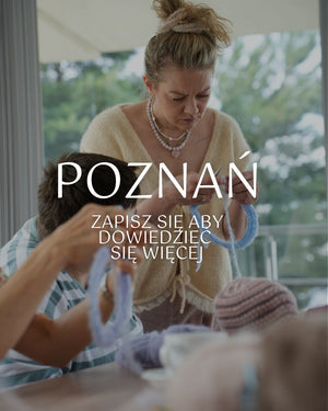 Plakat z zapisami na warsztaty robienia na drutach w mieście Poznań