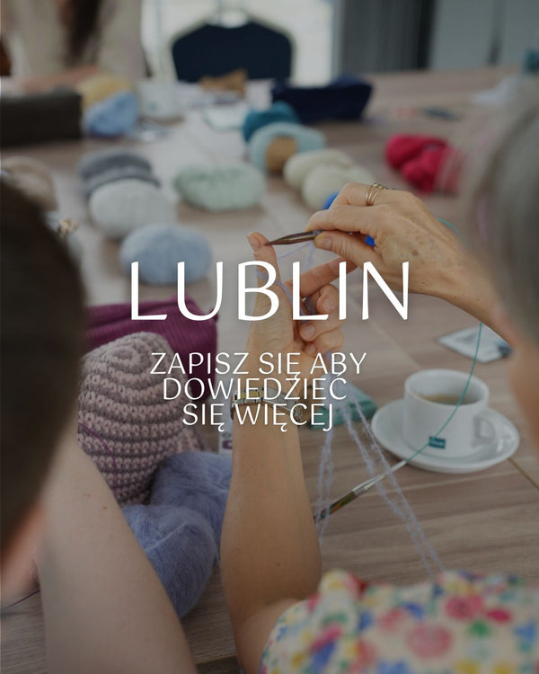 Plakat z zapisami na warsztaty robienia na drutach w mieście Lublin