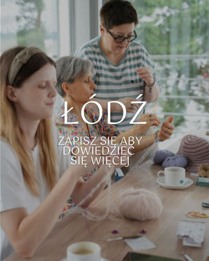 Plakat z zapisami na warsztaty robienia na drutach w mieście Łódź