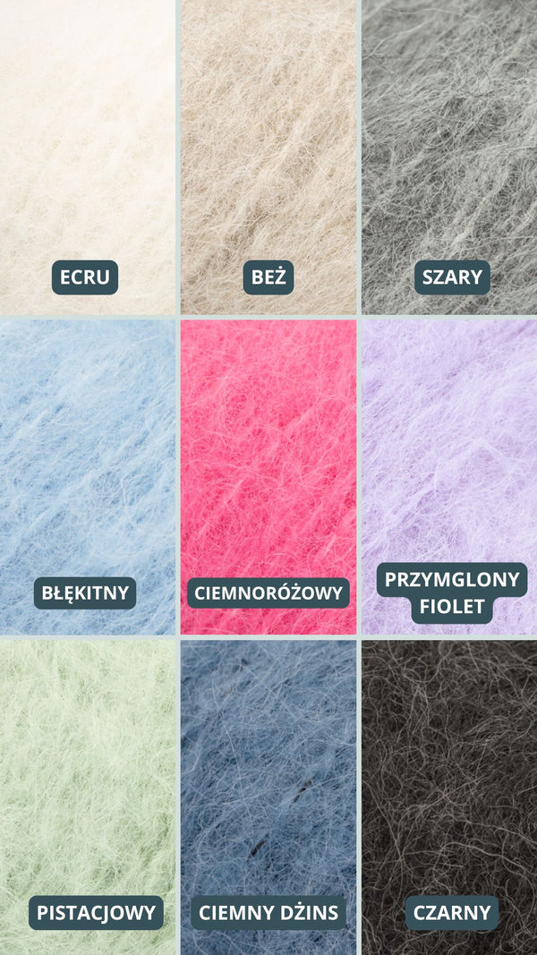 Paleta odcieni swetrów Sirka handmade ecru, beż, szary, błękitny, ciemnoróżowy, przymglony fiolet, pistacjowy, ciemny dżins, czarny