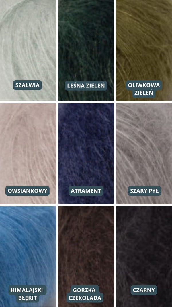 Paleta odcieni Sirka handmade szałwia, leśna zieleń, oliwkowa zieleń, owsiankowy, atrament, szary pył, himalajski błękit, gorzka czekolada, czarny