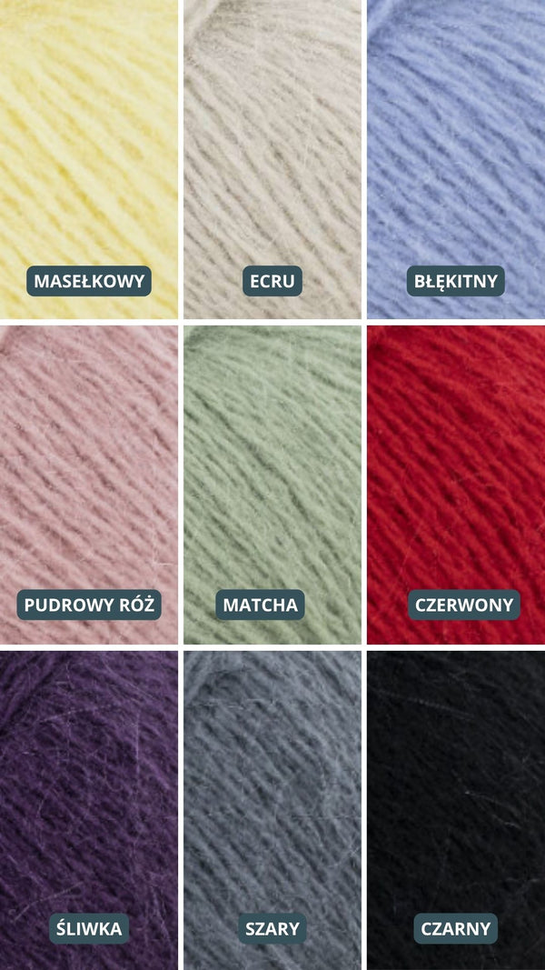 Paleta odcieni Sirka handmade maselkowy, ecru, błękitny, pudrowy róż, matcha, czerwony, śliwka, szary, czarny