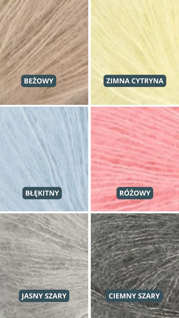 Paleta odcieni swetrów Sirka beżowy, zimna cytryna, błękit, różowy, jasny szary, ciemny szary
