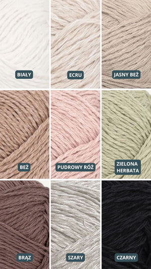 Paleta odcieni Sirka handmade biały, ecru, jasny beż, beż, pudrowy róż, zielona herbata, brąz, szary, czarny