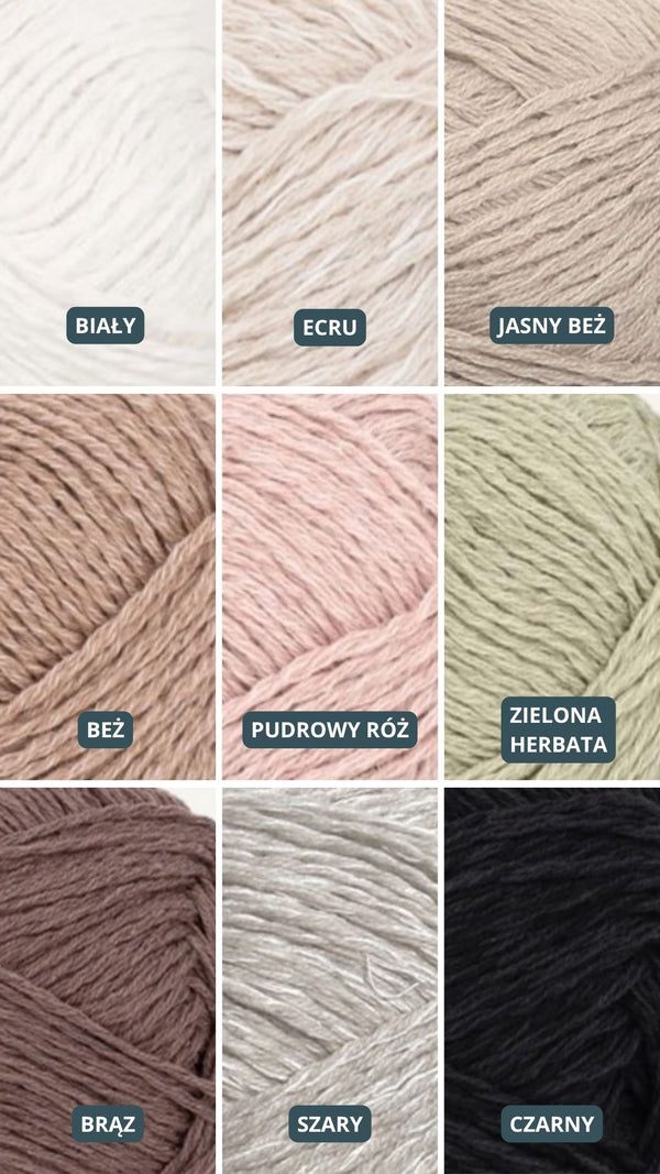 Paleta odcieni Sirka handmade biały, ecru, jasny beż, beż, pudrowy róż, zielona herbata, brąz, szary, czarny