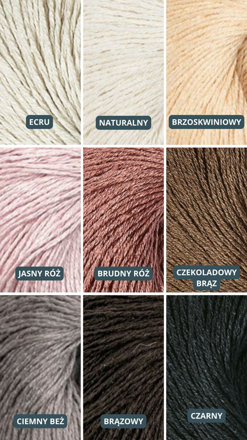 Paleta odcieni Sirka handmade ecru, naturalny, brzoskwiniowy, jasny róż, brudny róż, czekoladowy brąz, ciemny beż, brązowy, czarny